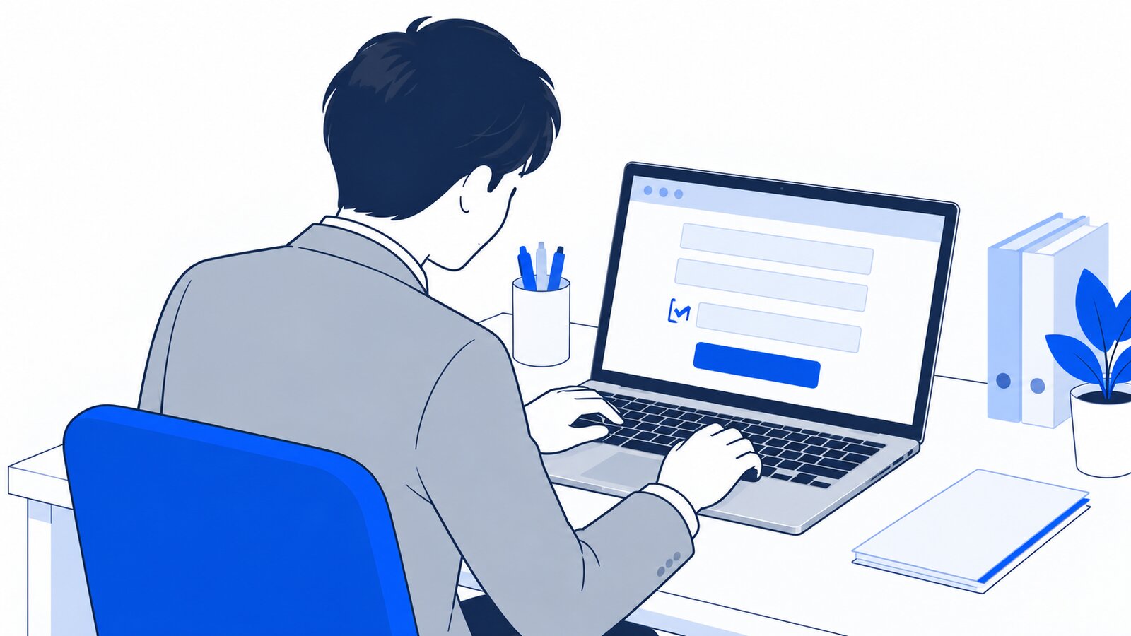 担当者がノートPCでプランの申し込み手続きをしている