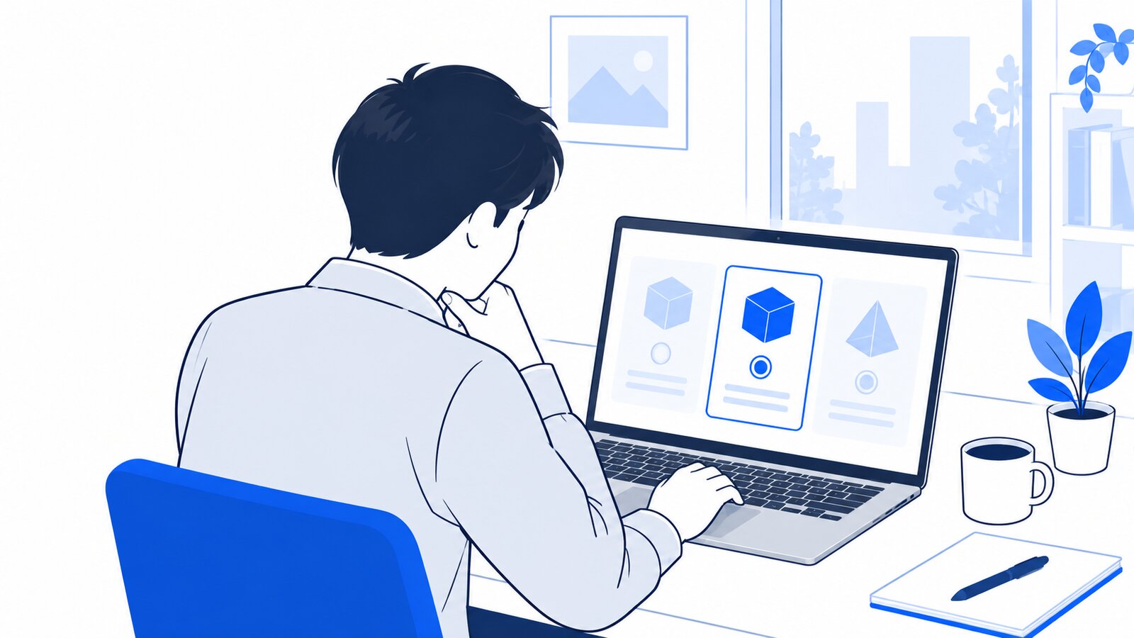 自宅の机で、ノートPCのモデル選択の画面を操作する人を肩越しに見た様子