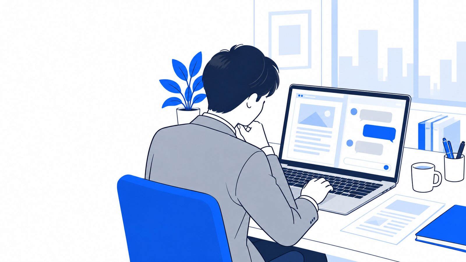 オフィスでノートPCを開き、AIに相談しながら資料を作る会社員