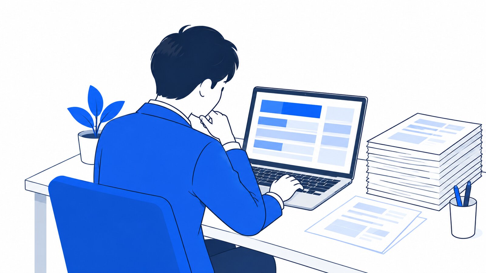机に資料の束を置き、ノートPCで要約の内容を確かめる担当者