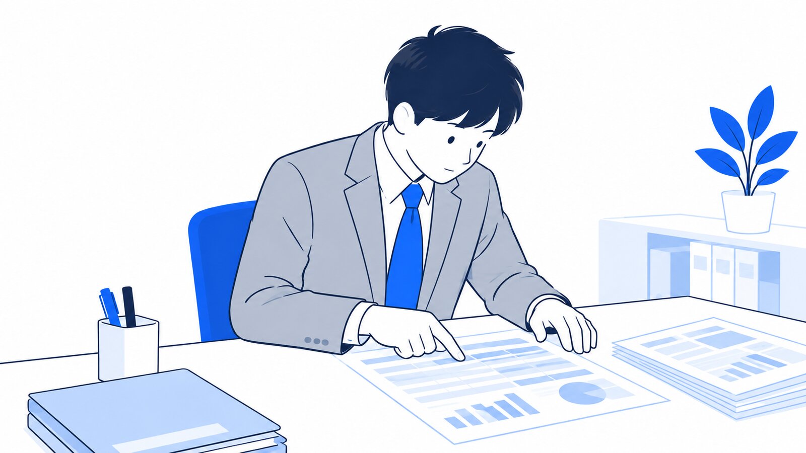 印刷した資料の数字を指でたどりながら、内容を確かめる会社員