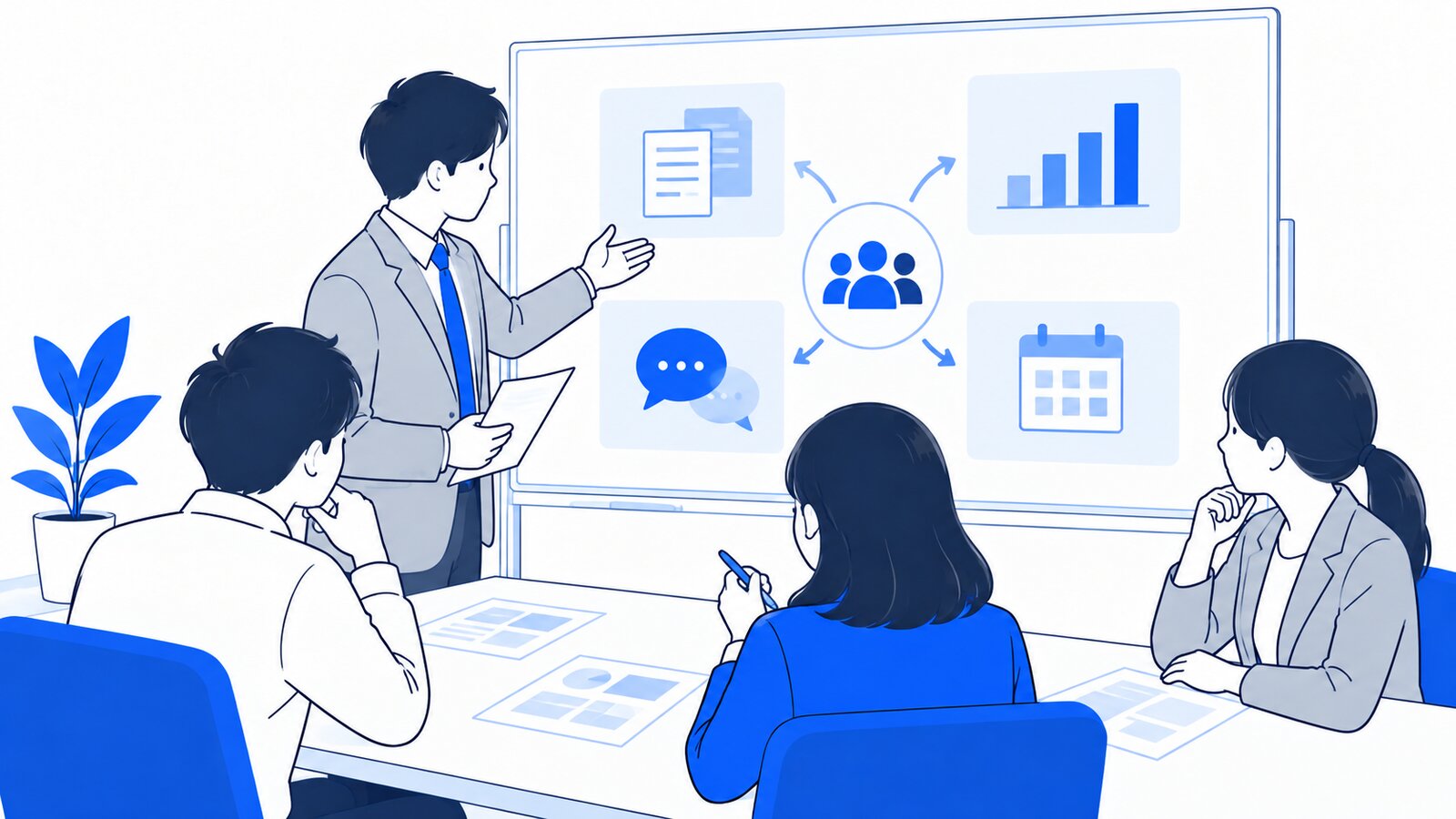 会議室でホワイトボードを前に、部署ごとのAIの使い道を話し合うチーム