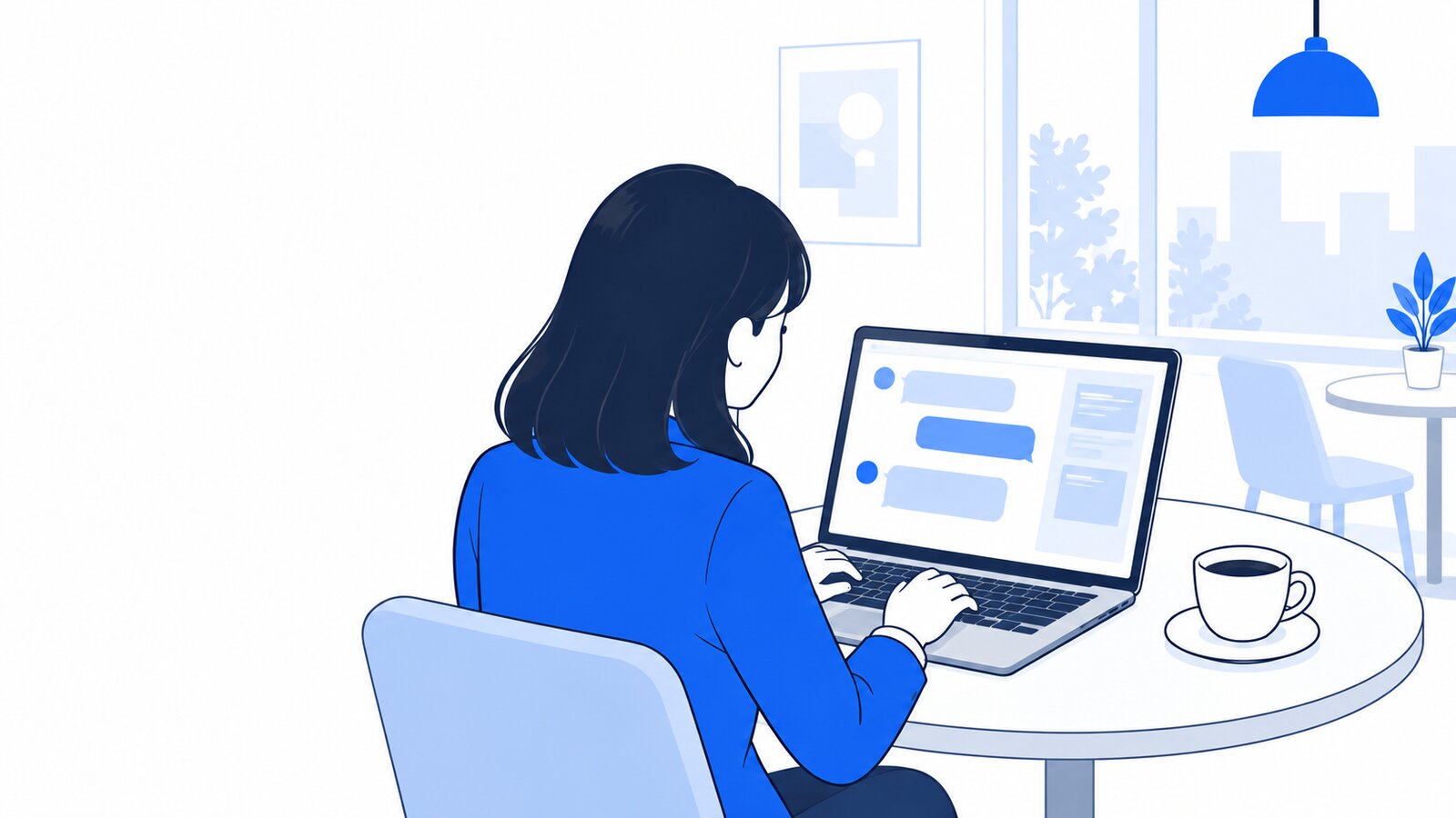 カフェでノートPCを開き、AIに文章の相談をしている人