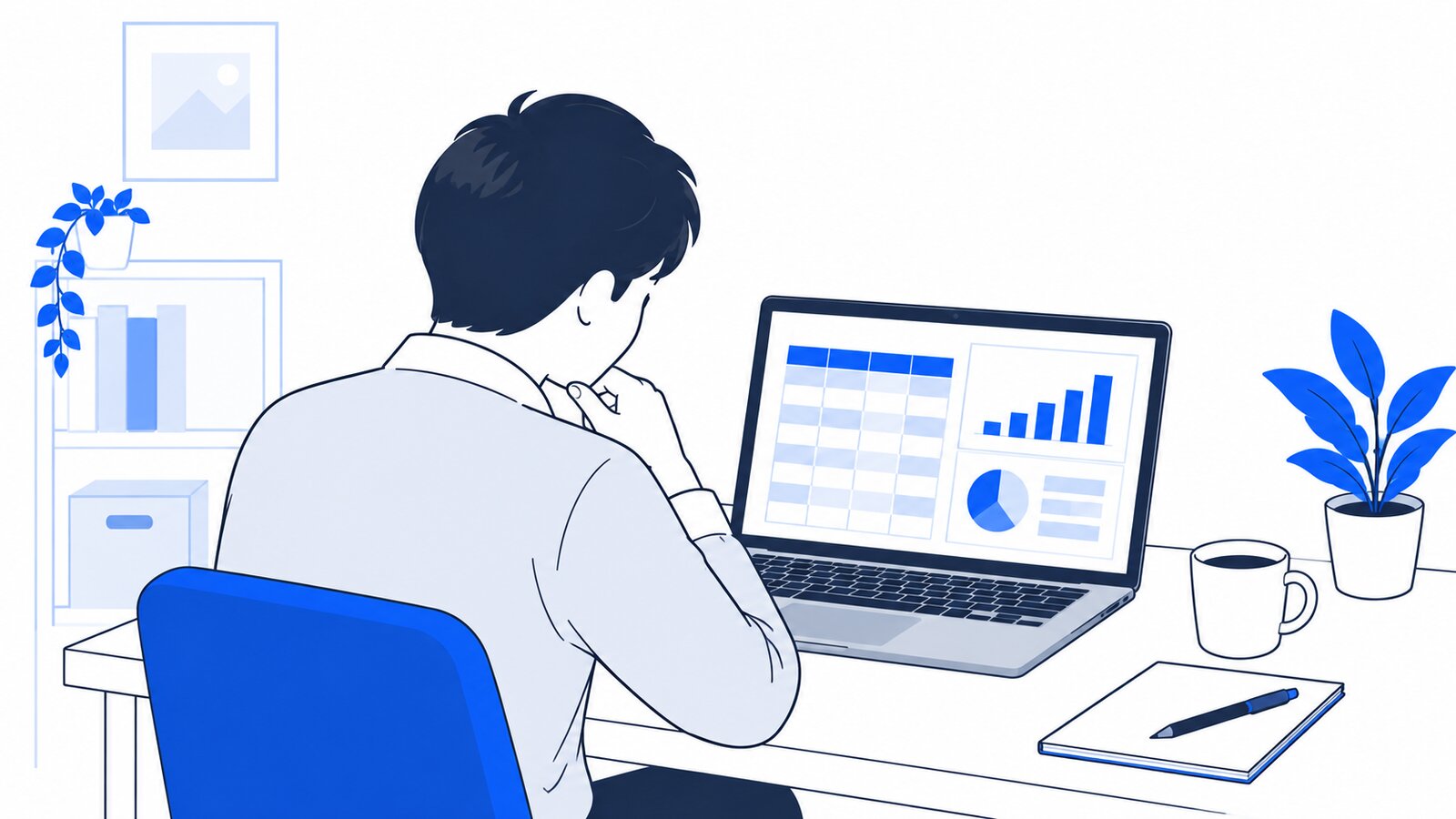 自宅の机でノートPCを使い、表やスライドができあがるのを見ている人