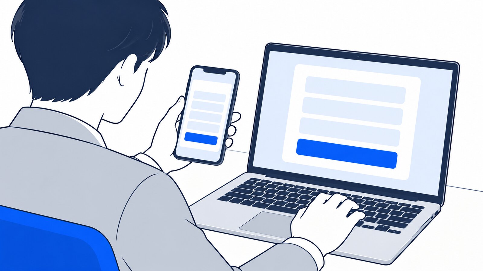 スマホとノートPCを並べて、アカウント登録の画面を操作する手元