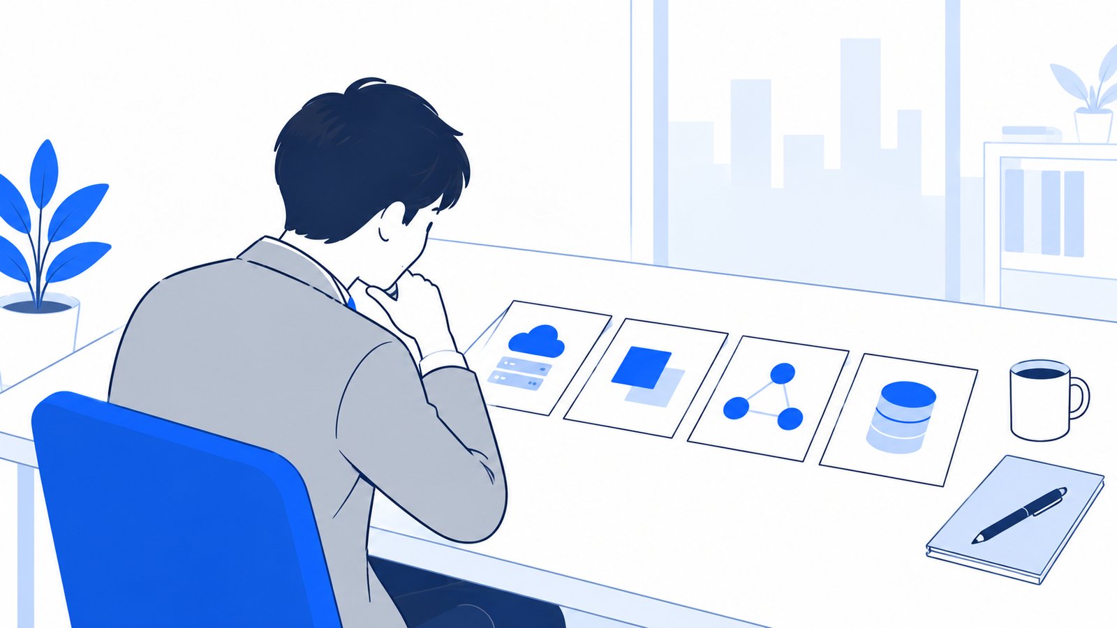 机に並べた4枚のカードを見比べて、どの連携方法にするか考える会社員