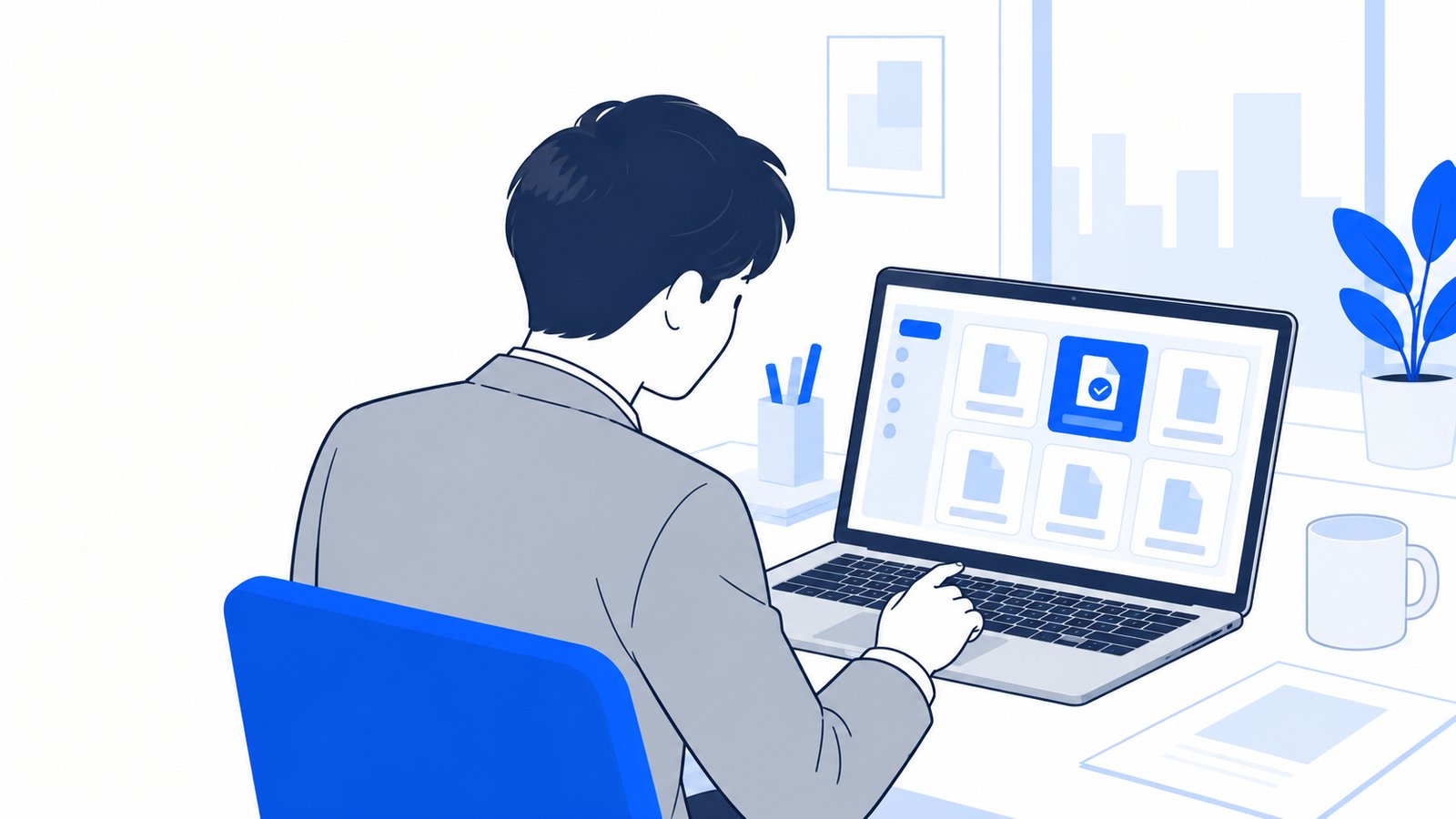 ノートPCの画面に表示されたファイル一覧から、読ませるファイルを選ぶ会社員
