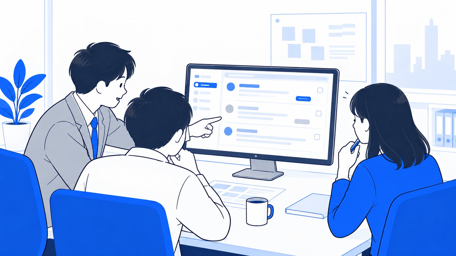 GitHubのIssue画面を見ながら、チームの担当者同士で修正の進め方を相談している様子