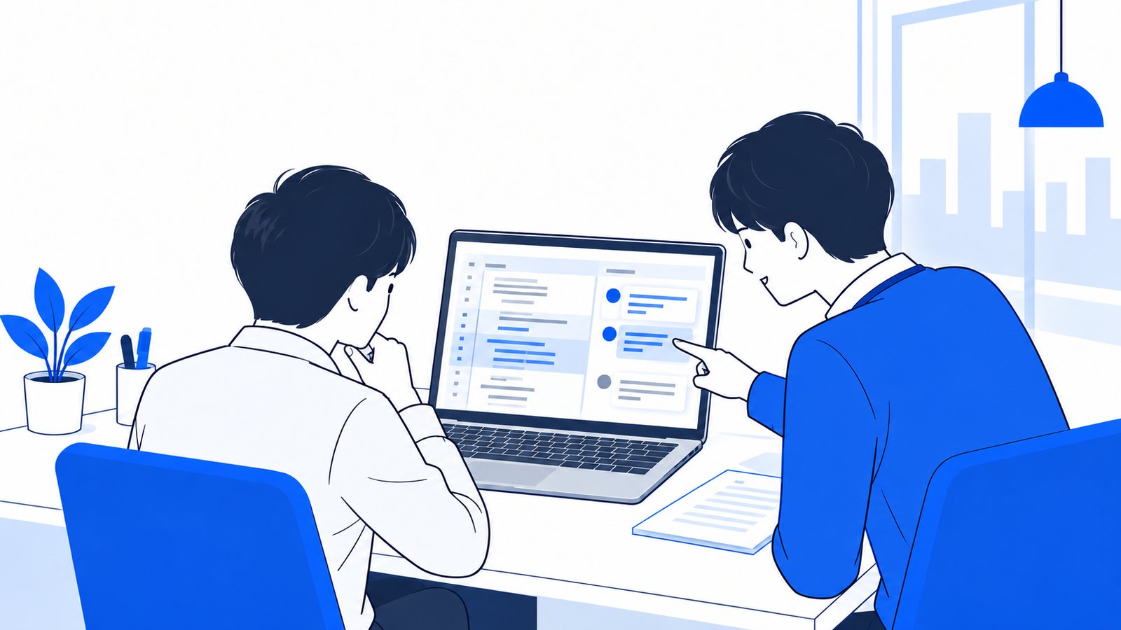 プルリクエストに付いた指摘のコメントを確認して、修正方針を話し合う2人の開発者