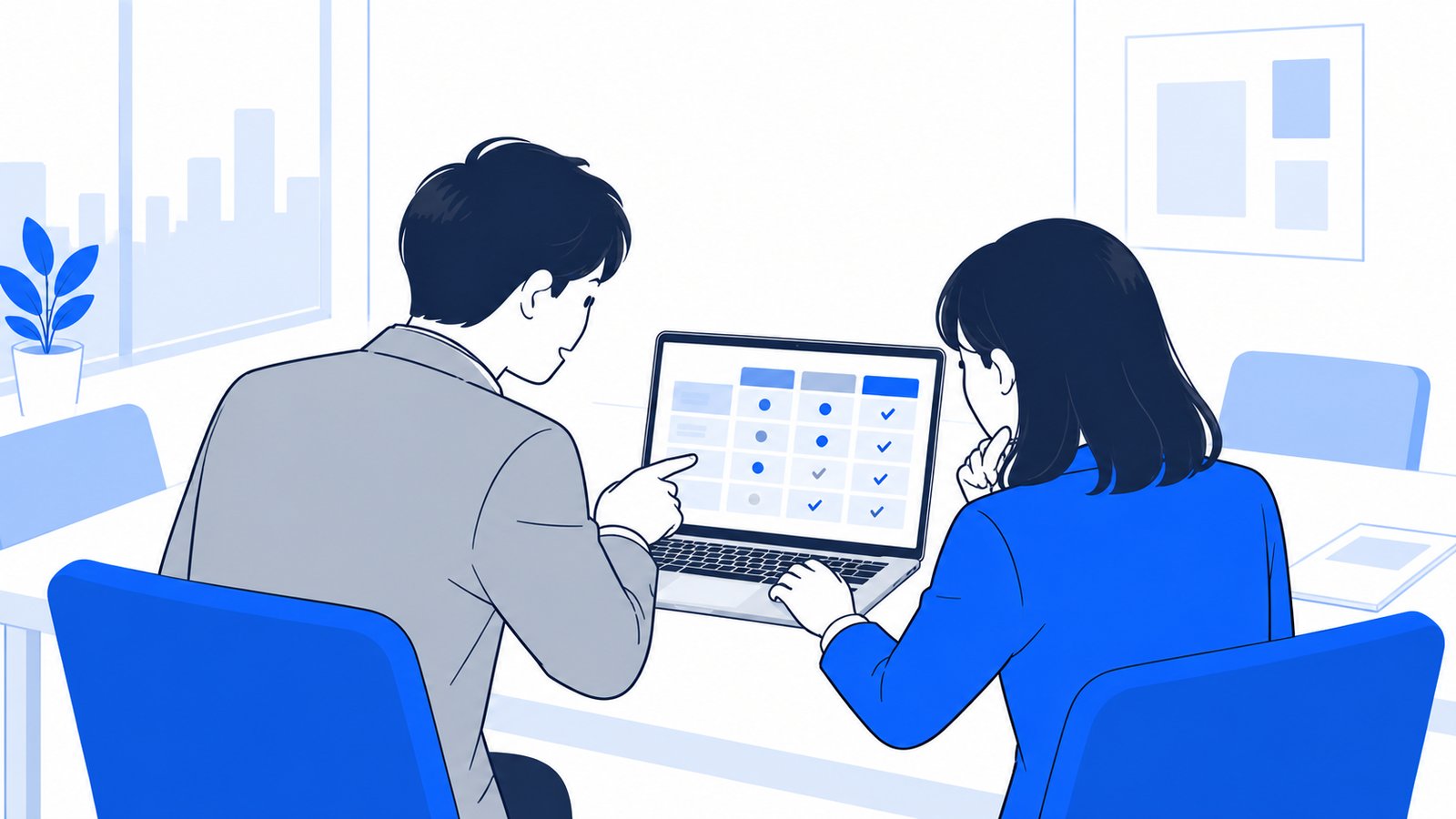会議室で上司と部下がノートPCの比較表を見ながら、仕事ごとに使うモデルを相談している
