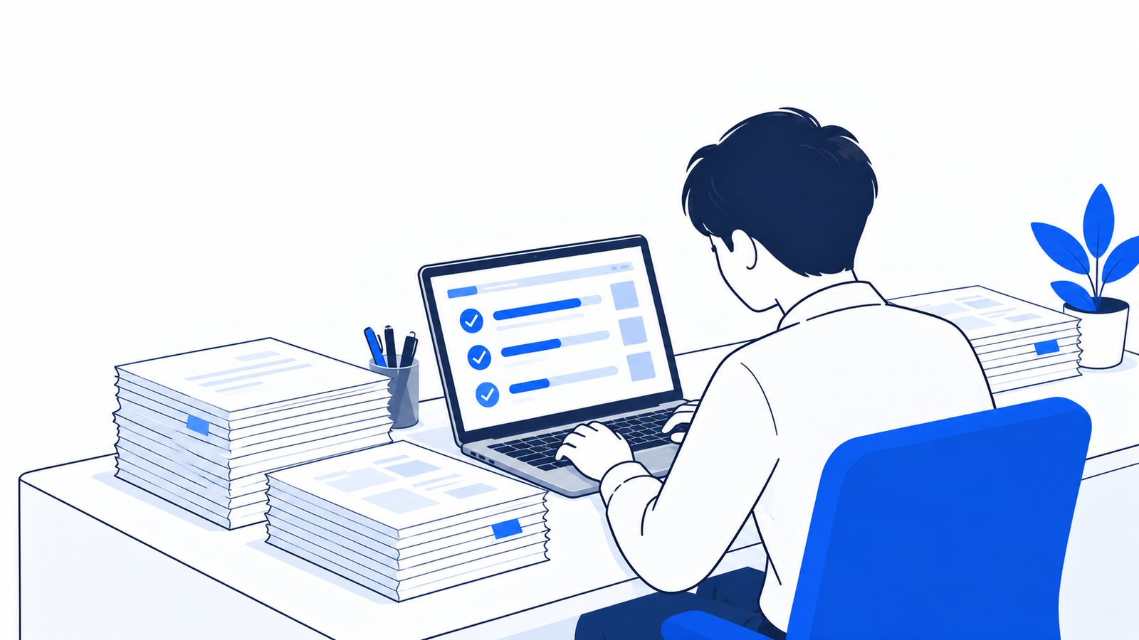 書類の山を前に、ノートPCで処理の進み具合を確認している事務担当者