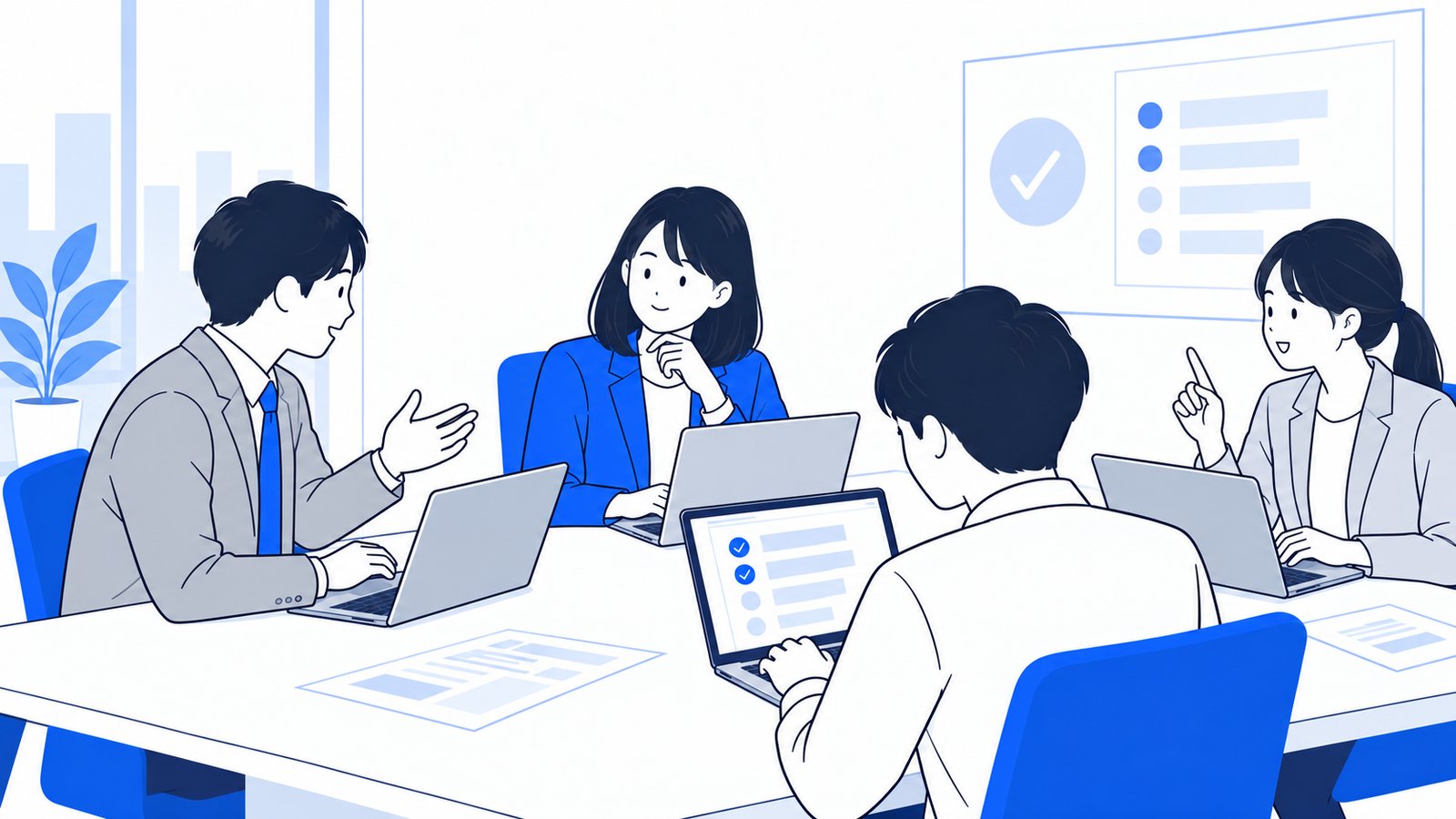 会議室でノートPCを開き、利用ルールと確認項目を話し合う数人の社員
