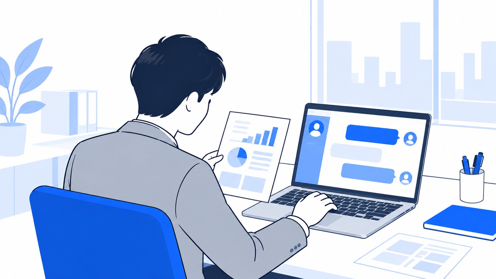 ノートPCでAIと会話しながら資料を確認する会社員