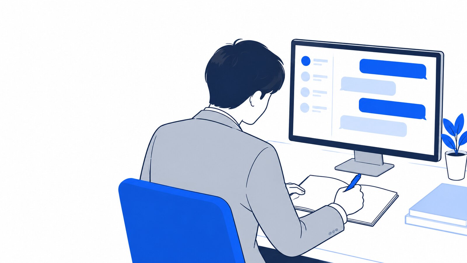 チャット画面を見ながらメモを取る会社員を肩越しに見た様子