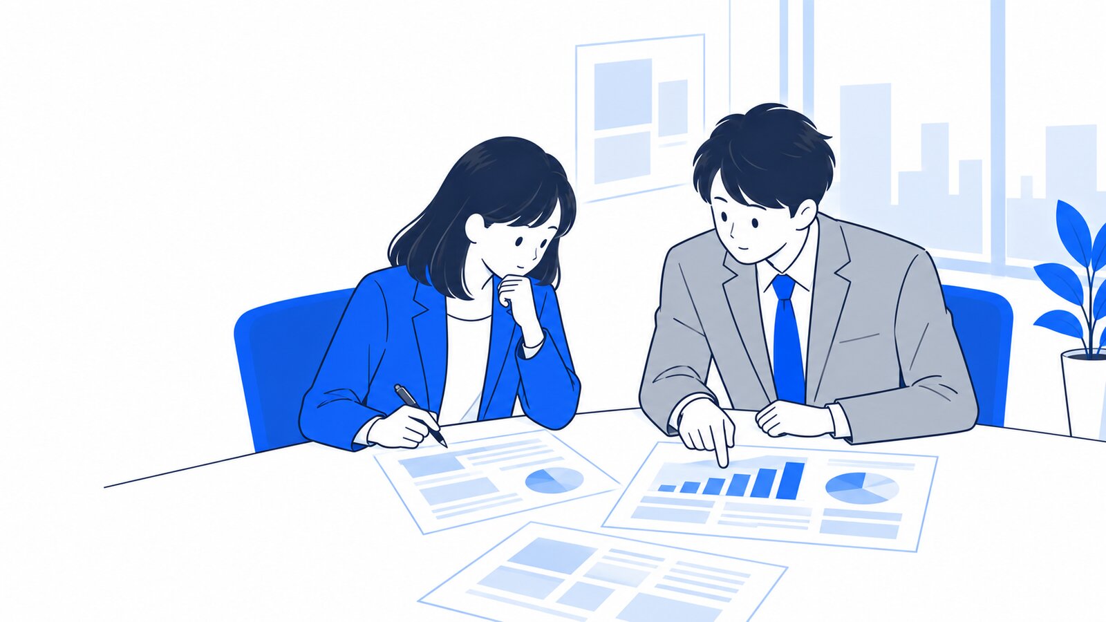 会議室で資料を囲み、AIが作った内容を確かめる担当者と上司