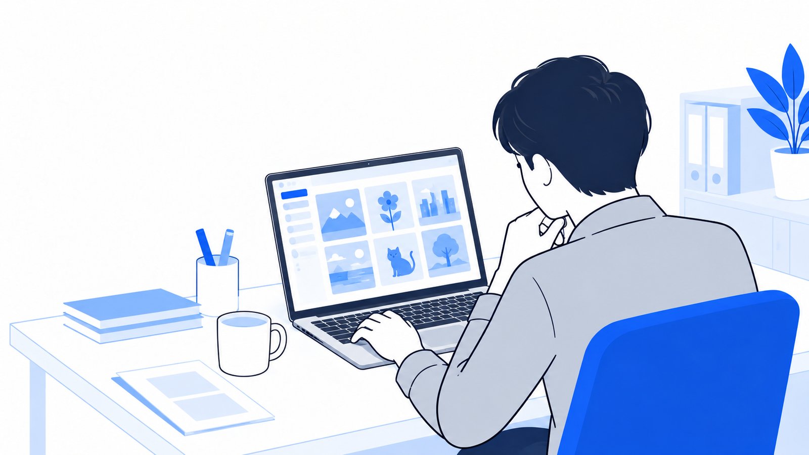ノートPCの画面を見ながら、AIで画像を作れるかを調べている会社員