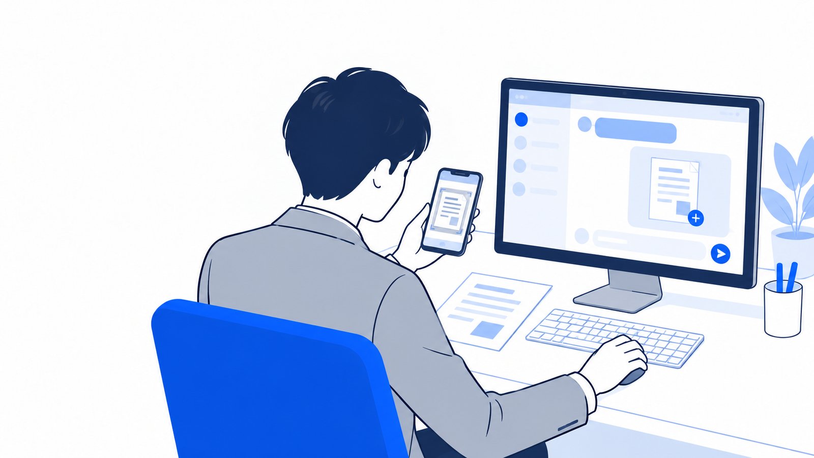 スマホで撮った書類の写真をPCのチャットにアップロードしている担当者