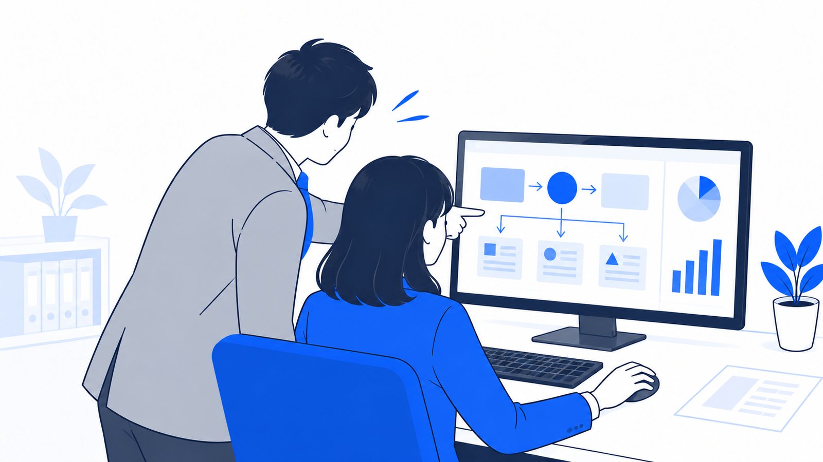 営業と事務の担当者が、Claudeで作った図をPCの画面で確認している様子