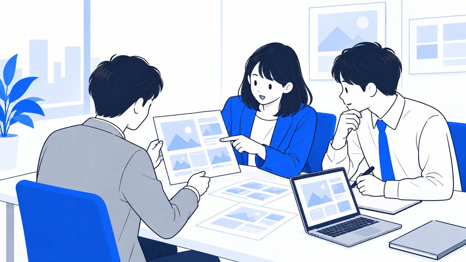 会議室で、資料に載せる画像の扱いを確認し合っている担当者