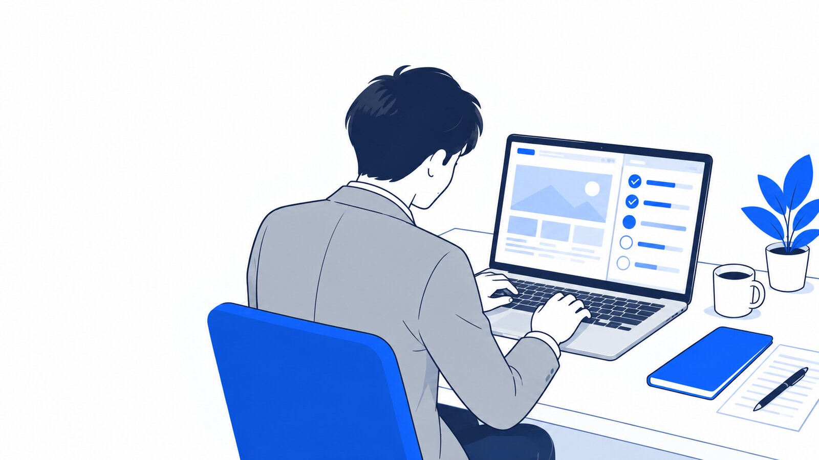 会社員がノートPCのブラウザの横に表示したパネルを見ながら、作業の進み具合を確かめている場面