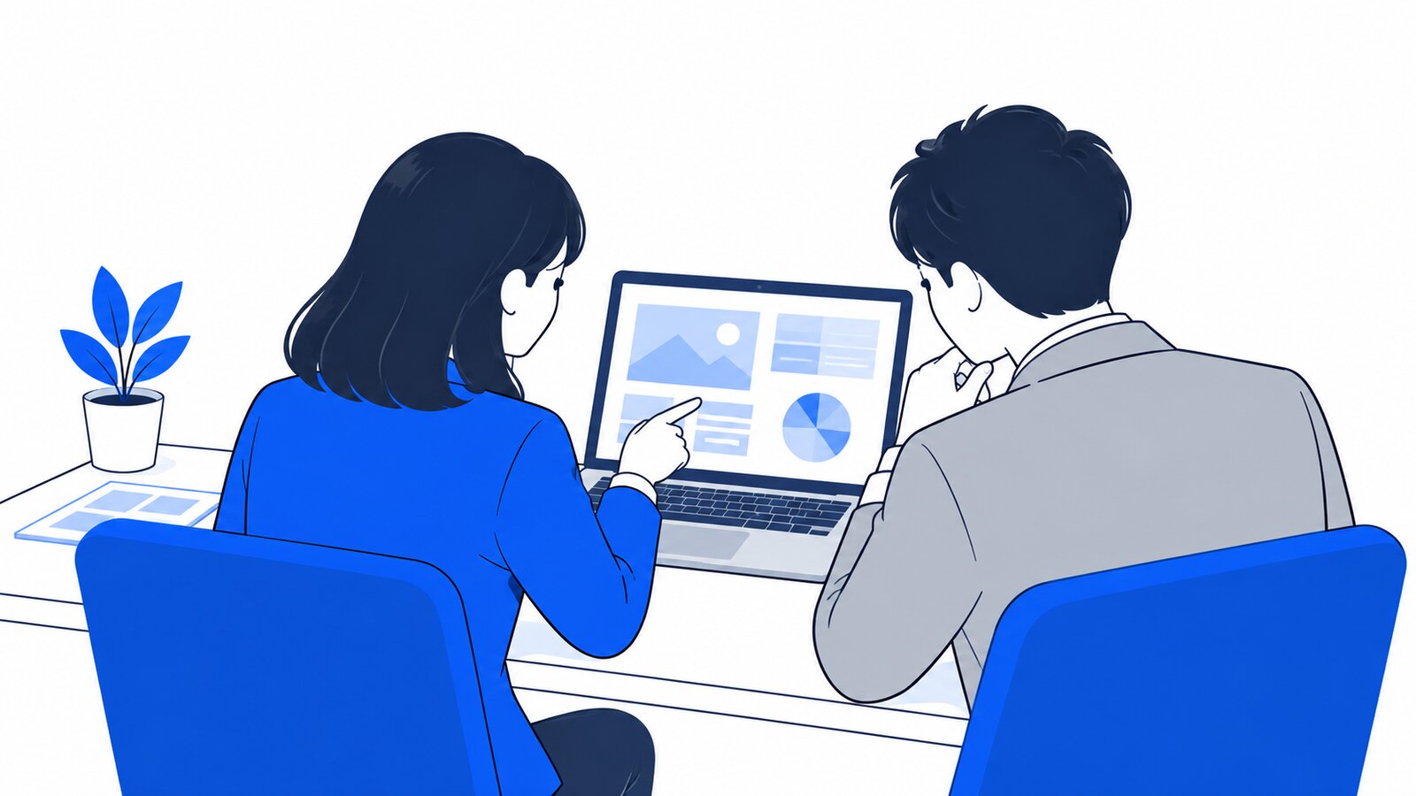 担当者がノートPCでプランの説明を確認しながら、隣の上司に相談している場面
