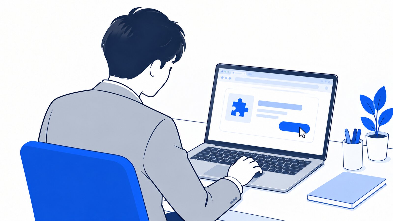 会社員が自分のノートPCでChromeに拡張機能を追加する操作をしている様子を肩越しに見た場面