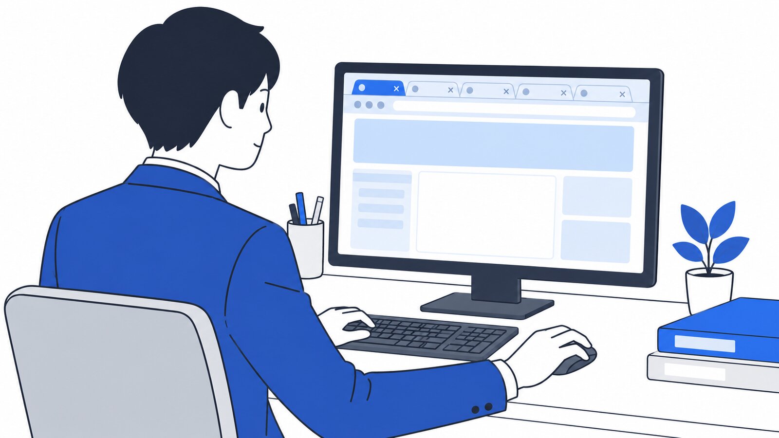 複数のタブを並べたブラウザで作業する担当者を、肩越しに見た場面