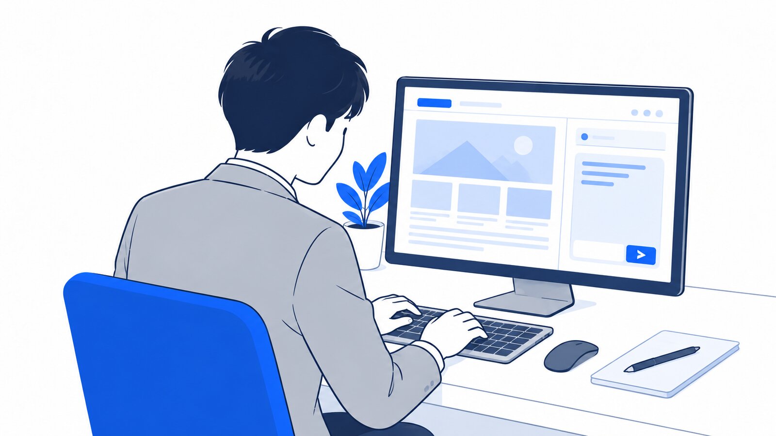 会社員がデスクでブラウザのサイドパネルに依頼文を入力している場面
