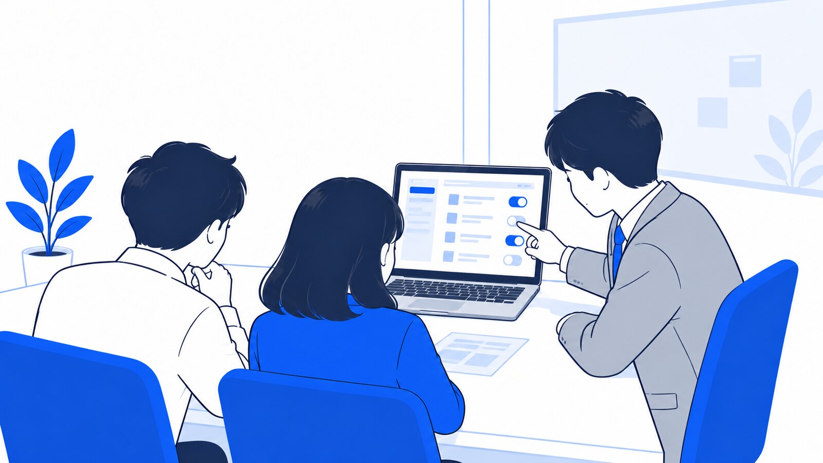 会議室で情報システム担当者がノートPCの管理画面を見ながら、利用ルールを同僚に説明している場面