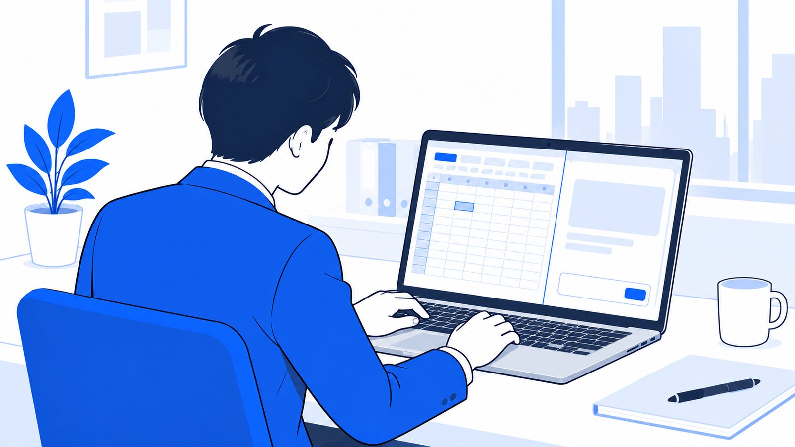 ノートPCでExcelの表を開き、横のパネルにClaudeへの質問を入力する会社員