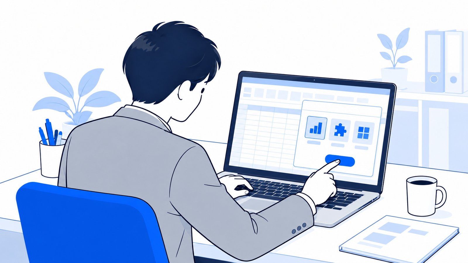 自分のPCでExcelにアドインを追加する操作をしている会社員