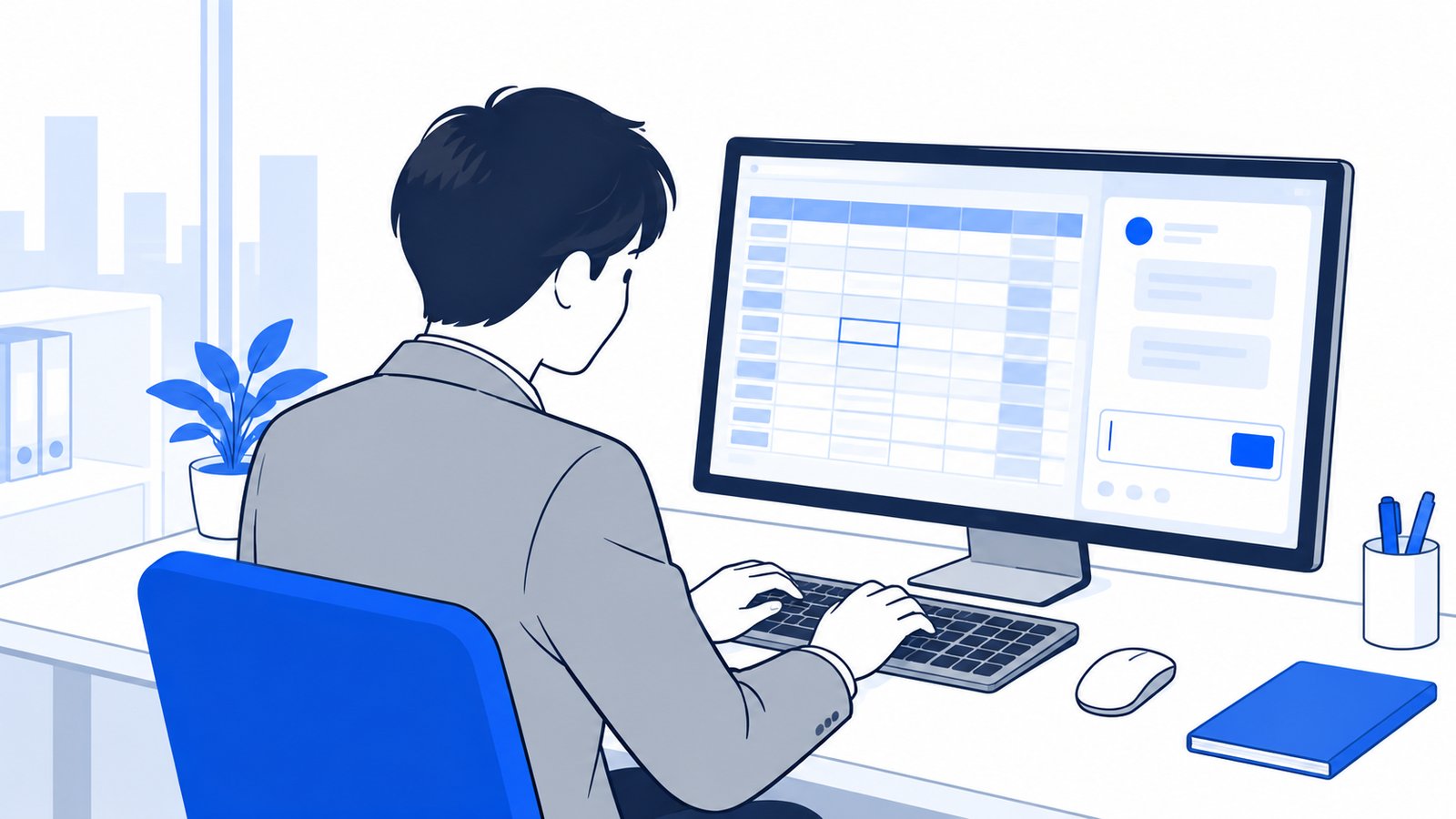 デスクでExcelの横のパネルに依頼文を打ち込む会社員