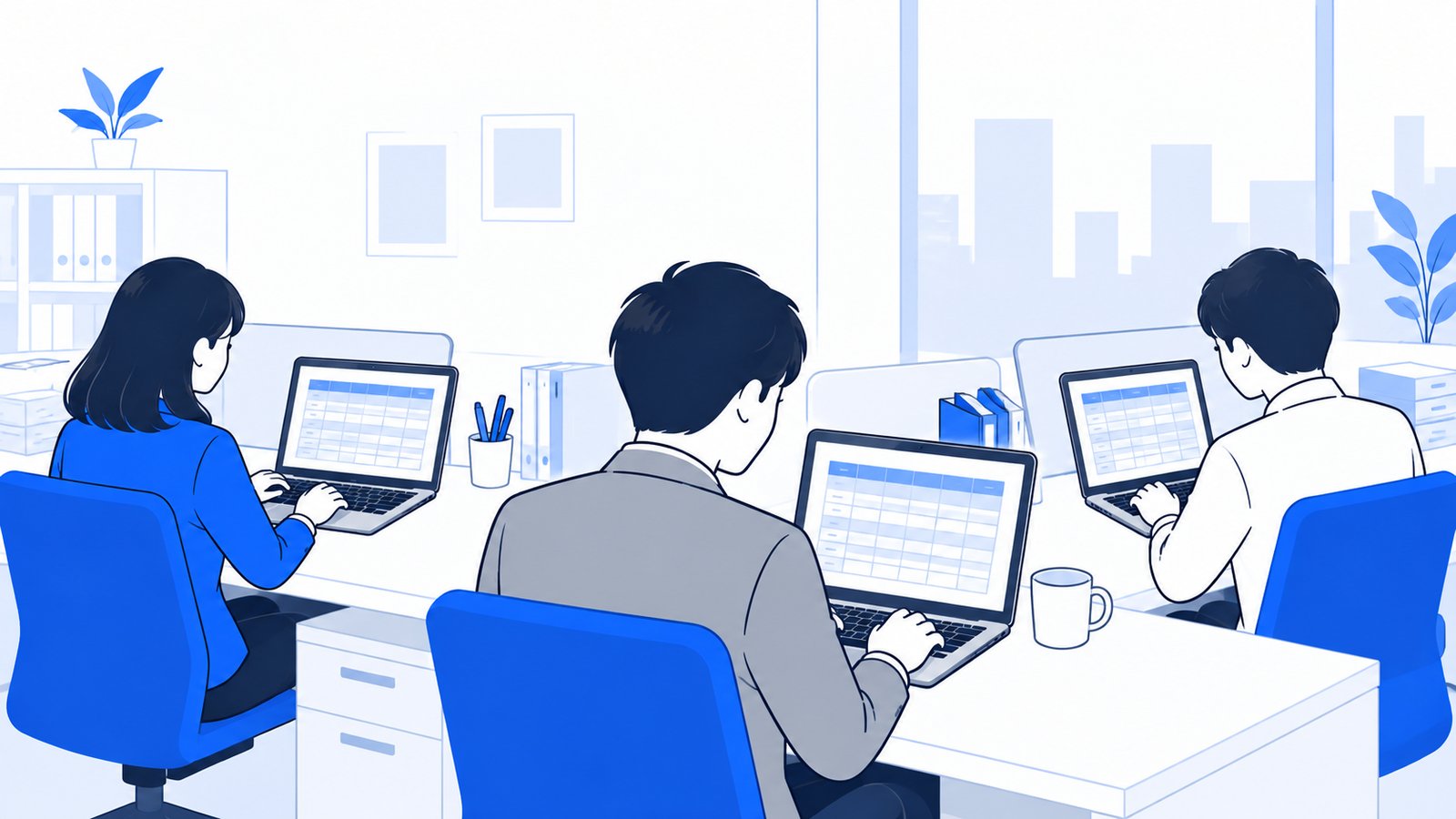 経理・営業・総務の会社員が、それぞれ自分のPCで表を見て作業している様子