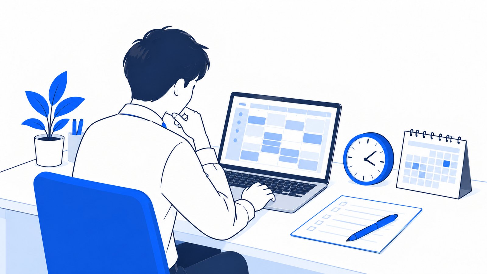 机の上の時計とカレンダーを見ながら、ノートPCで作業の段取りを考える会社員