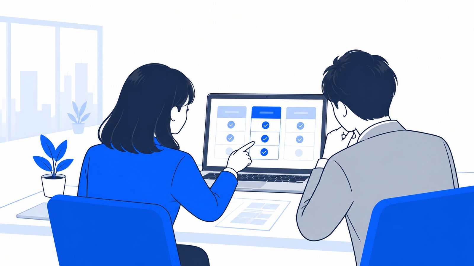 複数のプランの比較表を見ながら、どれを選ぶか話し合う二人の会社員