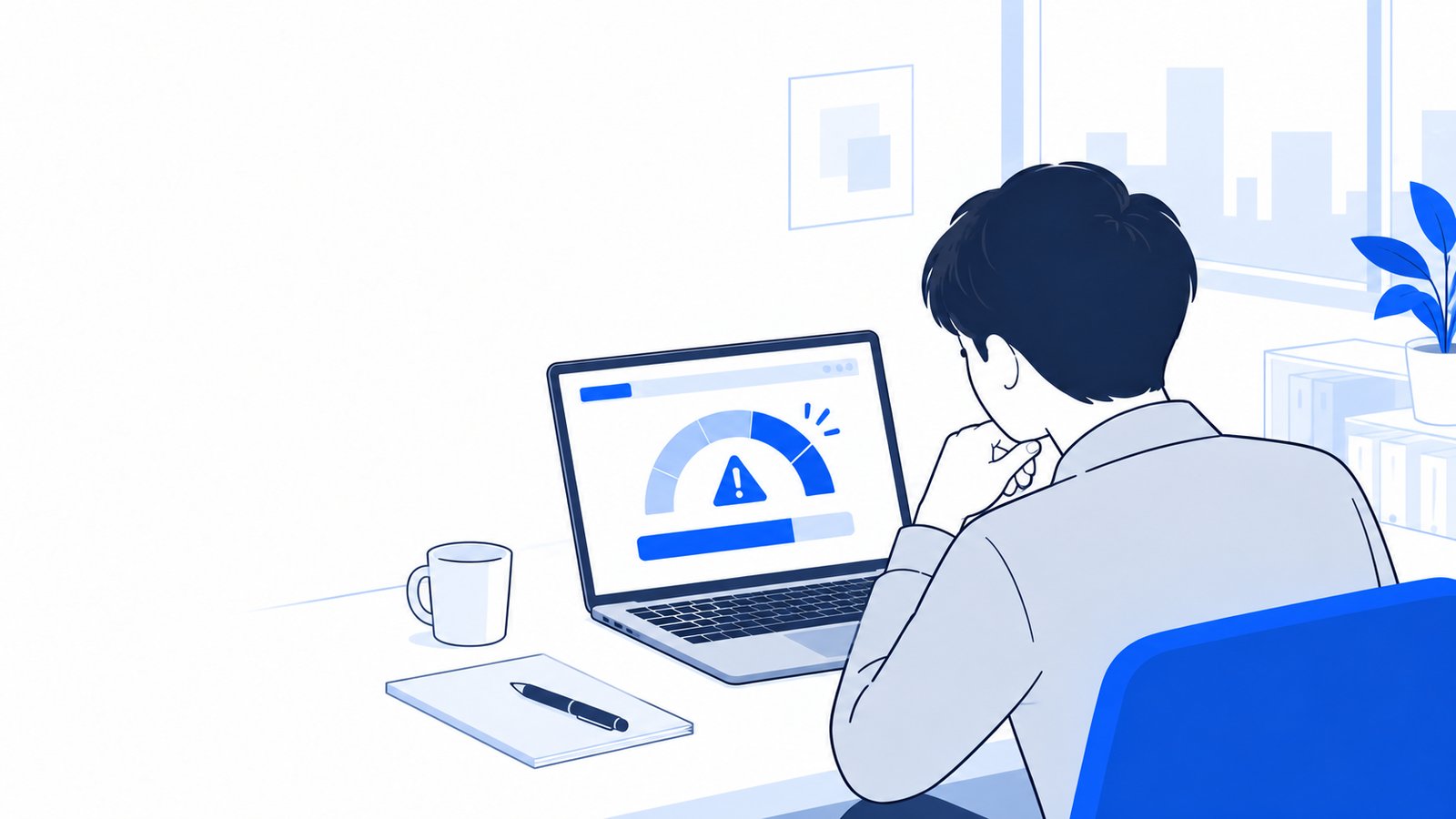 ノートPCに表示された上限のお知らせを見て、次の対応を考える会社員