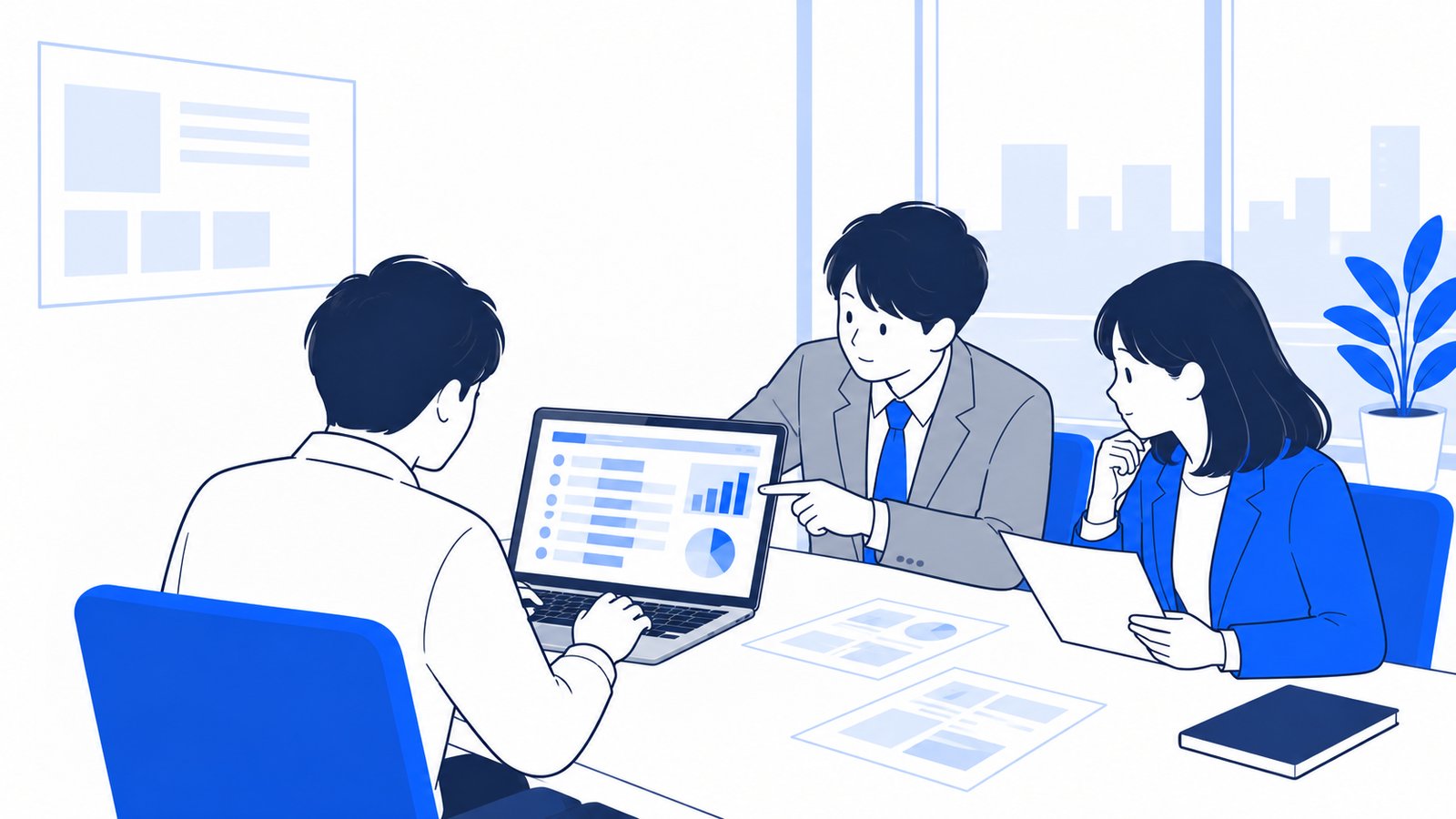 会議室で、使用量の一覧を見ながら運用のルールを相談する担当者たち