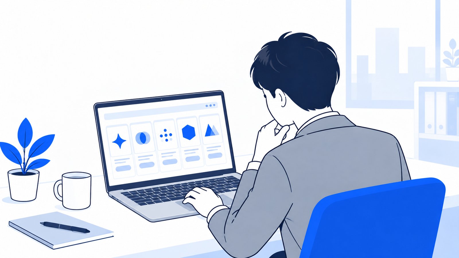 デスクのノートPCに並んだAIアプリのアイコンを見比べる会社員