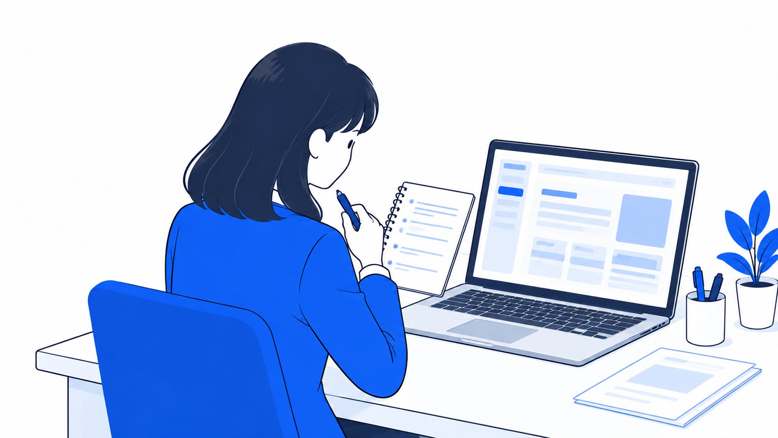 自社アプリの画面に表示する文言を、画面の横でメモと見比べる担当者
