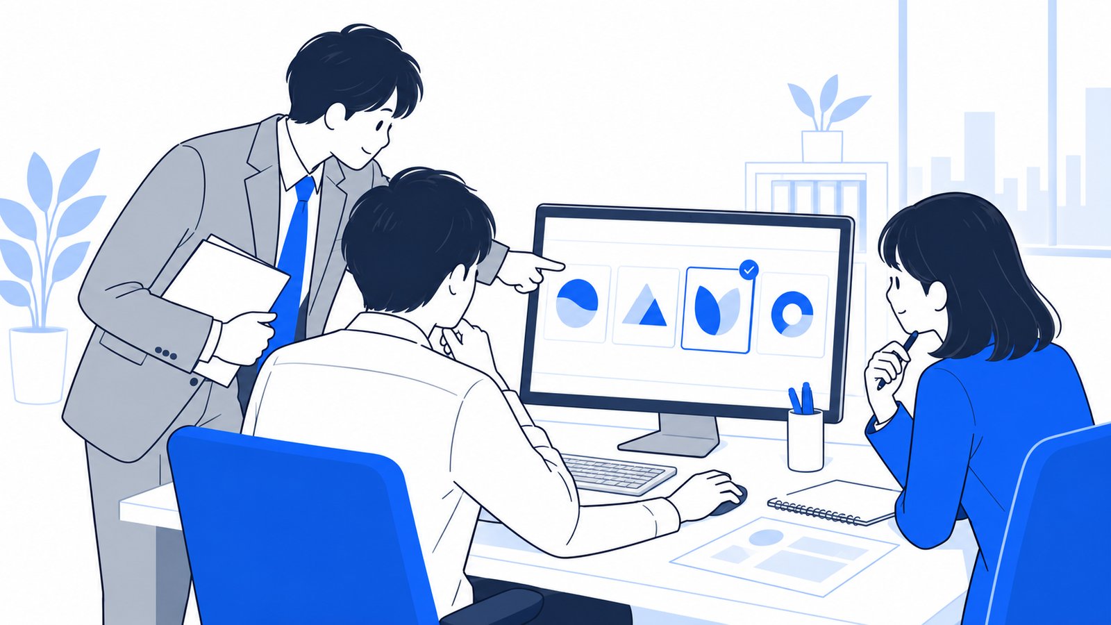 PCに並んだ複数のロゴ案を見比べて選ぶ会社員