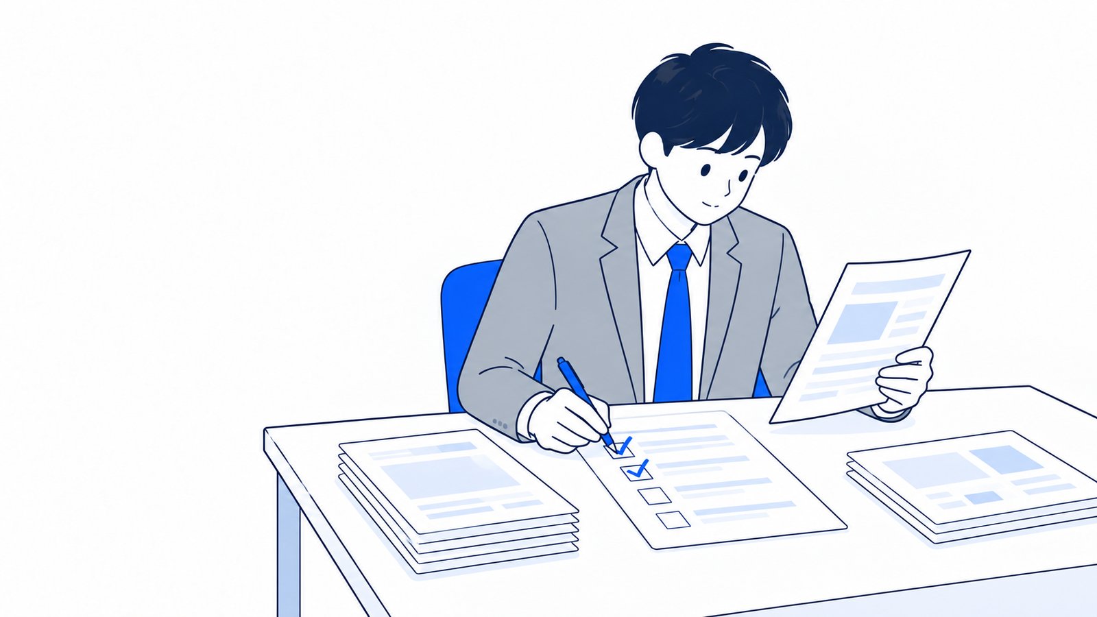 チェックリストの項目に印を付けながら資料を確認する会社員
