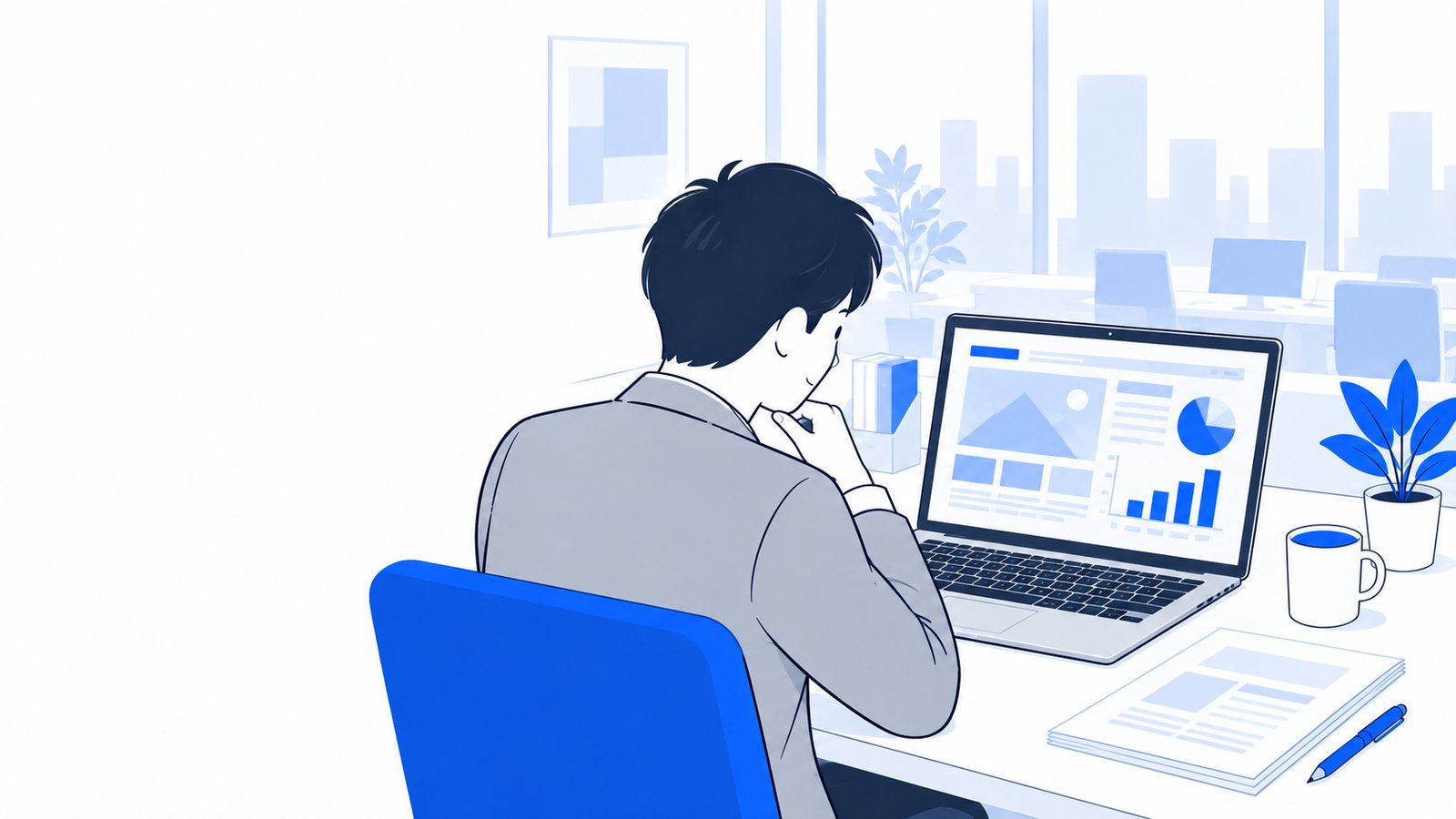 ノートPCで資料づくりをClaudeに任せ、できあがりを確認する会社員