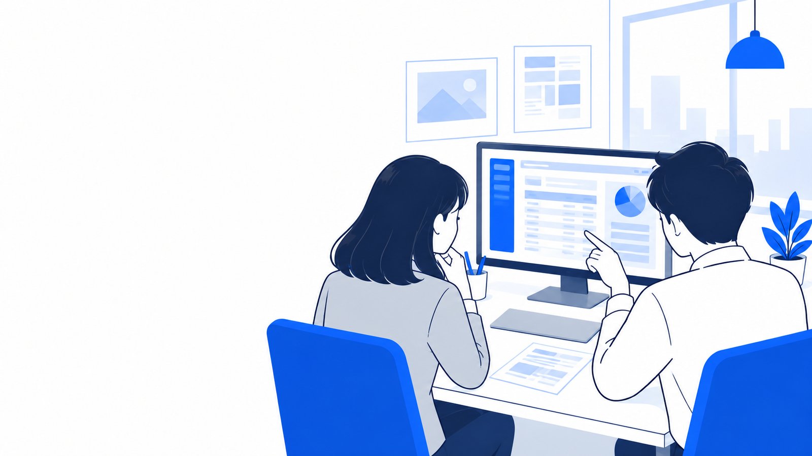 経理担当と開発担当が、PCで請求の画面を一緒に確認している
