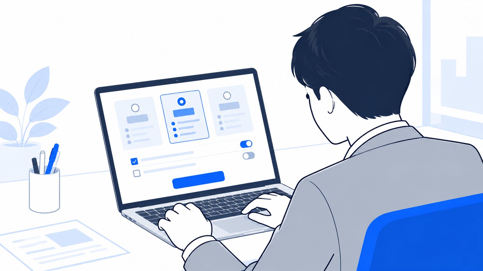 ノートPCの設定画面で、プランの申し込みの手続きをする手元