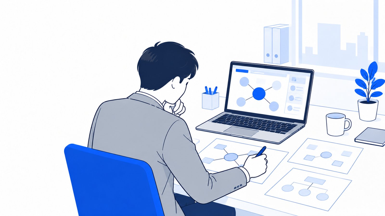 ノートPCの前で、Claudeとつなぐツールの関係をメモに書き出して整理する会社員