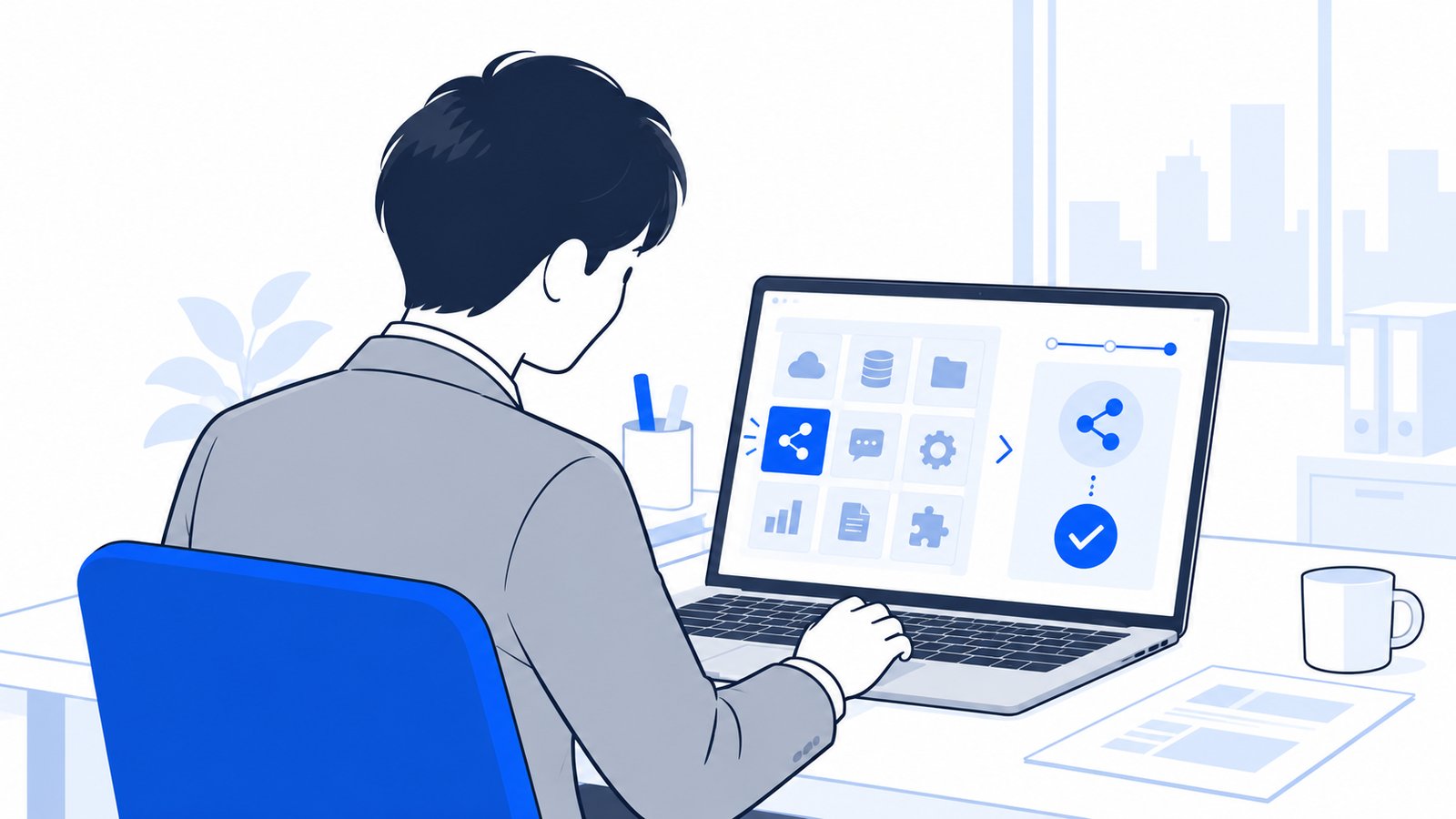 コネクタの一覧から使いたいサービスを選んで接続する手順を、ノートPCで確認する担当者