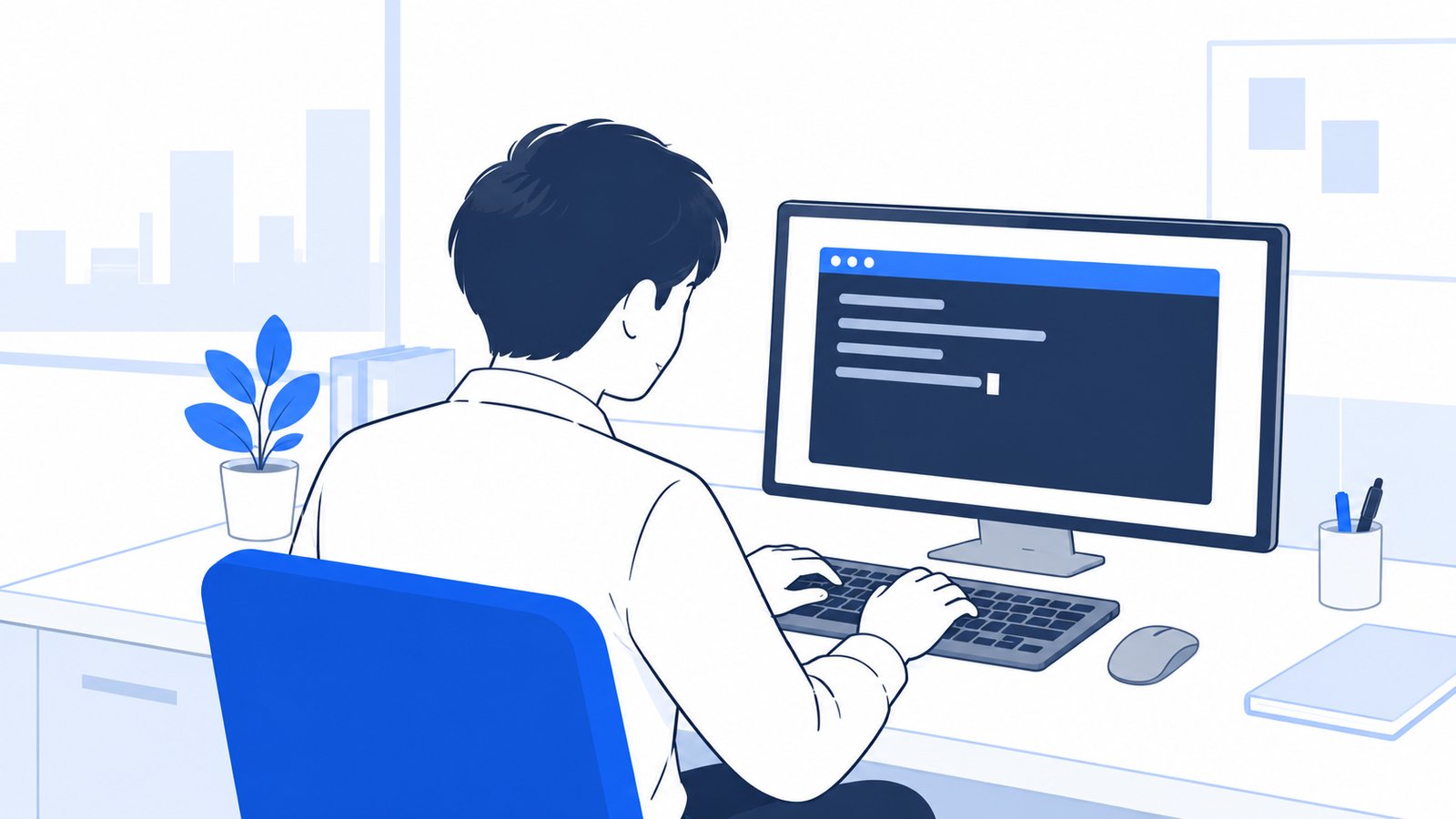 ターミナルの画面を肩越しに見ながら、MCPサーバーを追加するコマンドを入力する開発担当
