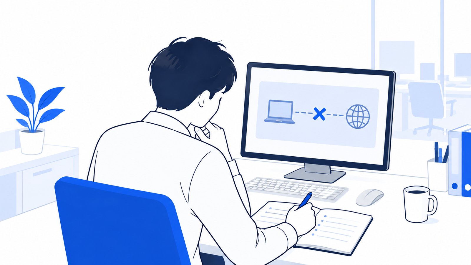 画面に表示された接続エラーを見ながら、原因をノートに書き出す担当者