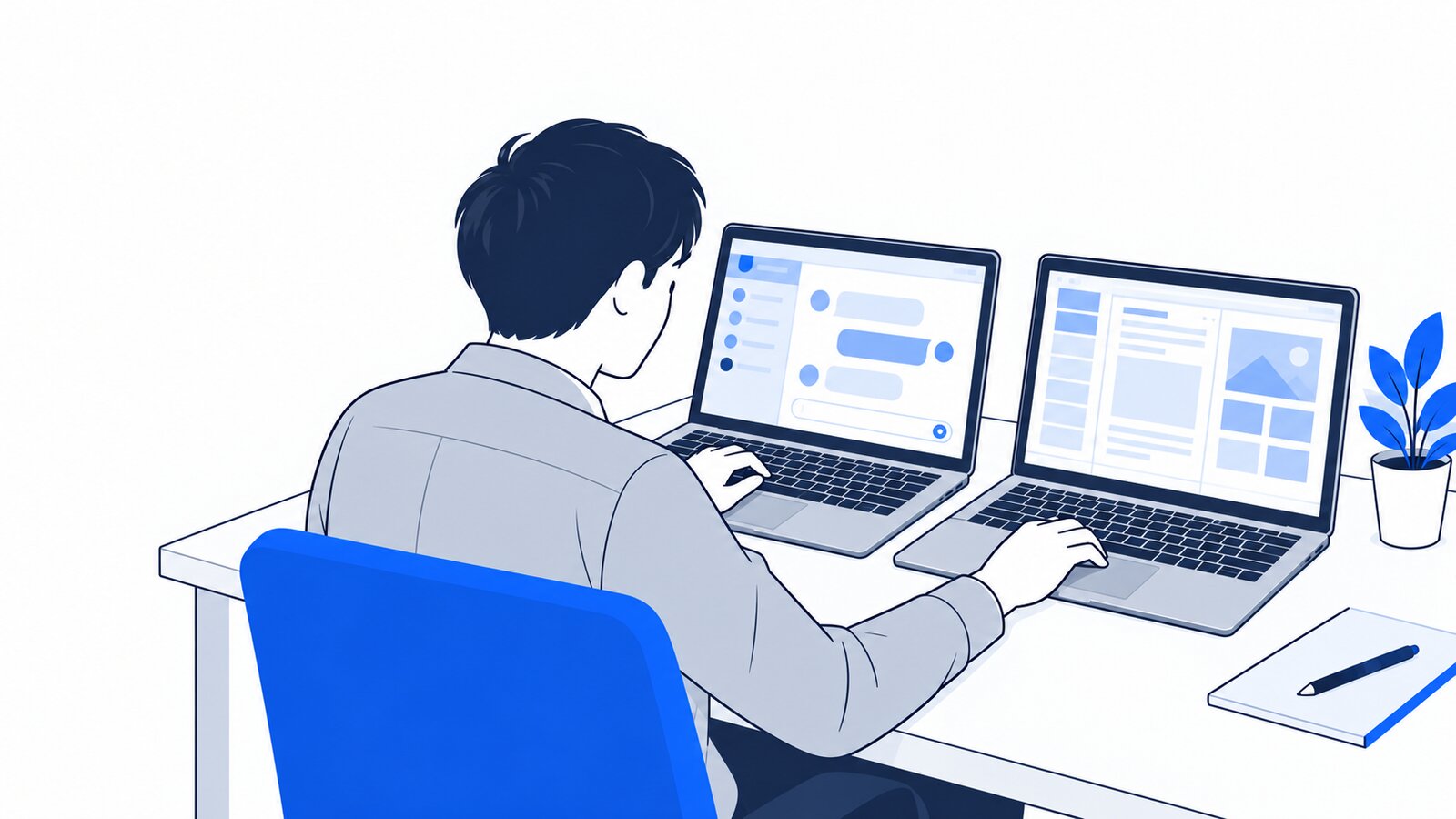 二台のノートPCを並べ、それぞれ別のAIツールで作業する開発担当