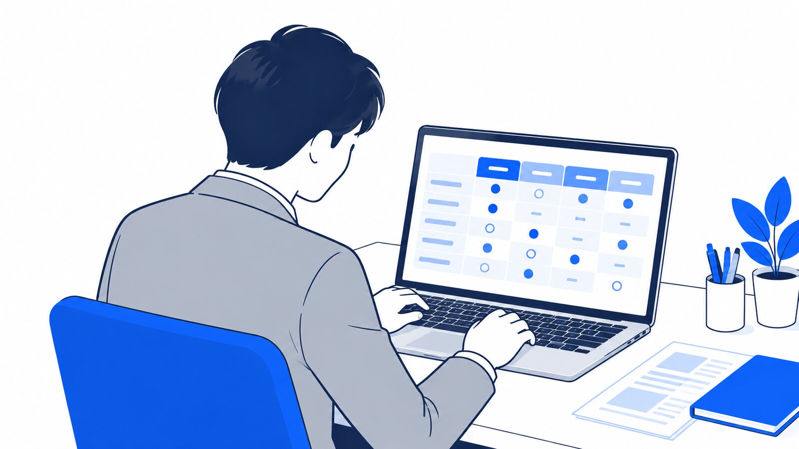 会社員がノートPCでモデルの一覧表を見比べている様子を肩越しに見た場面